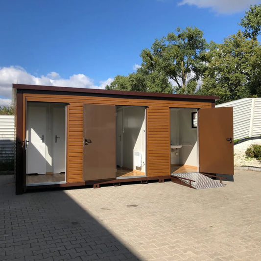 Conteneur sanitaire avec un revêtement extérieur imitation bois